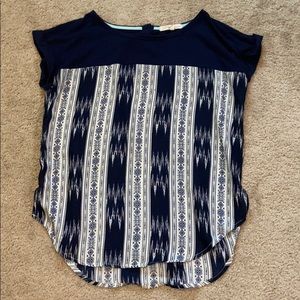 Navy blue and white short sleeved shirt